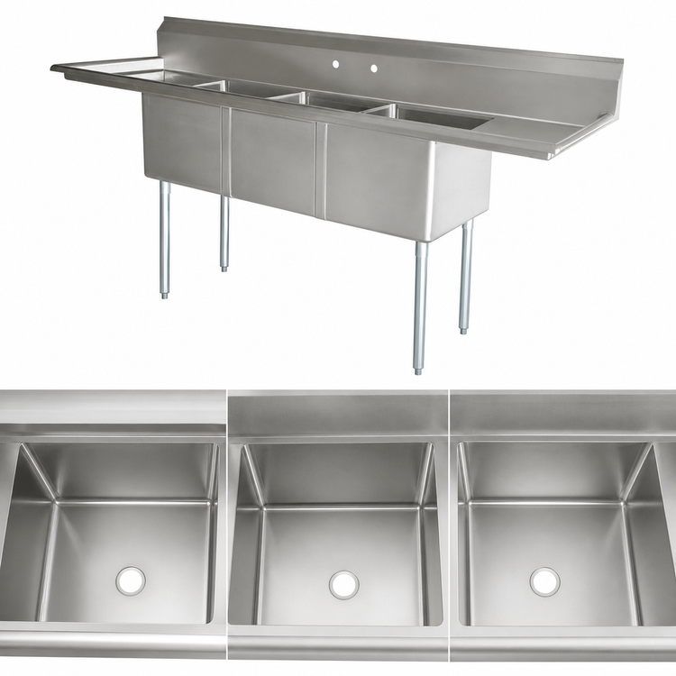 Product image #3 for Omcan USA 90-Inch 3-Compartment Pot Sink with Left and Right Drainboards, 18-Gauge 304 Stainless Steel