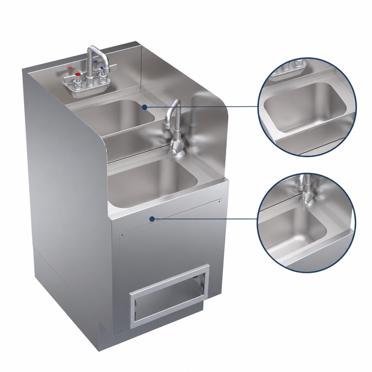 Product image #3 for Krowne Royal Series Freestanding Underbar Hybrid Hand/Dump Sink, 18 Inch x 24 Inch, 2-Bowl