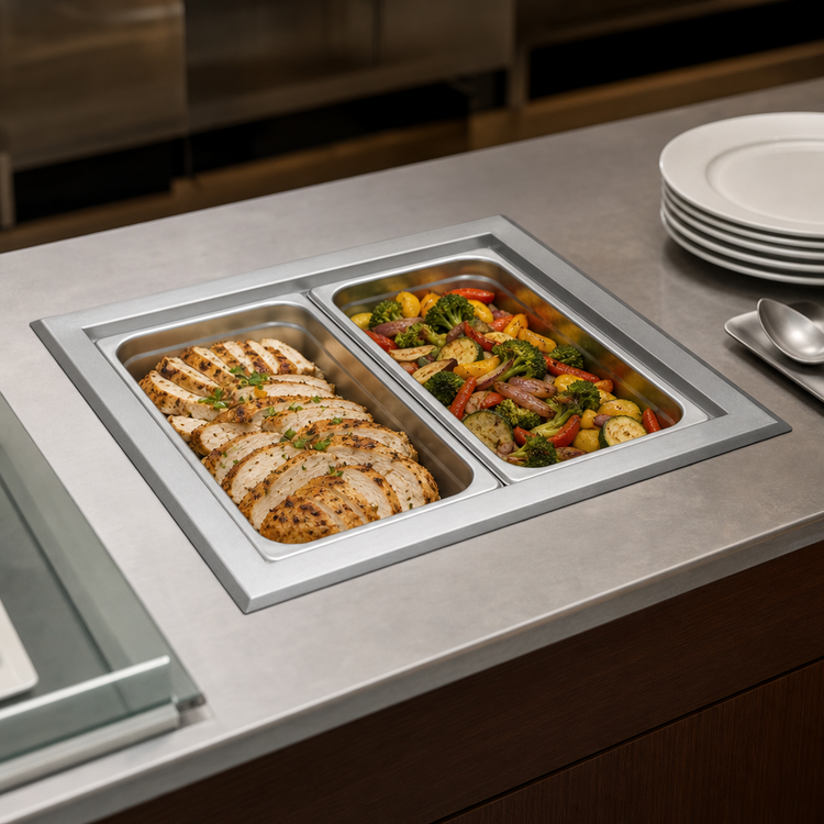 Product image #3 for Vollrath Short-Sided 2-Pan Insulated Drop-In Hot Well with Thermostatic Controls, 120V, Manifold Drain