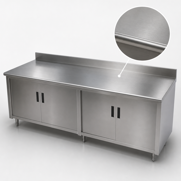 Product image #3 for Advance Tabco Special Value Series 120-Inch x 30-Inch 16-Gauge 304 Stainless Steel Cabinet Base Work Table with Mid-Shelf, Hinged Doors, and 5-Inch Backsplash