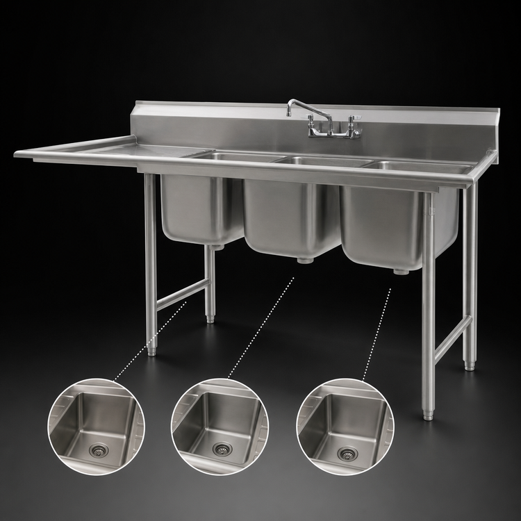 Product image #3 for Eagle Group 414 Series Coved Corner Three-Compartment Sink with 18-Inch Left Drainboard, 93-Inch Wide