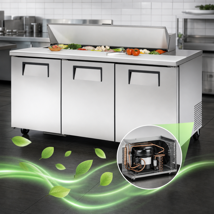Product image #3 for True TSSU-72-16-HC 72-Inch 3-Door Solid Door Sandwich/Salad Prep Table with 16 1/6-Pan Capacity and Rear-Mounted Self-Contained Hydrocarbon Refrigeration