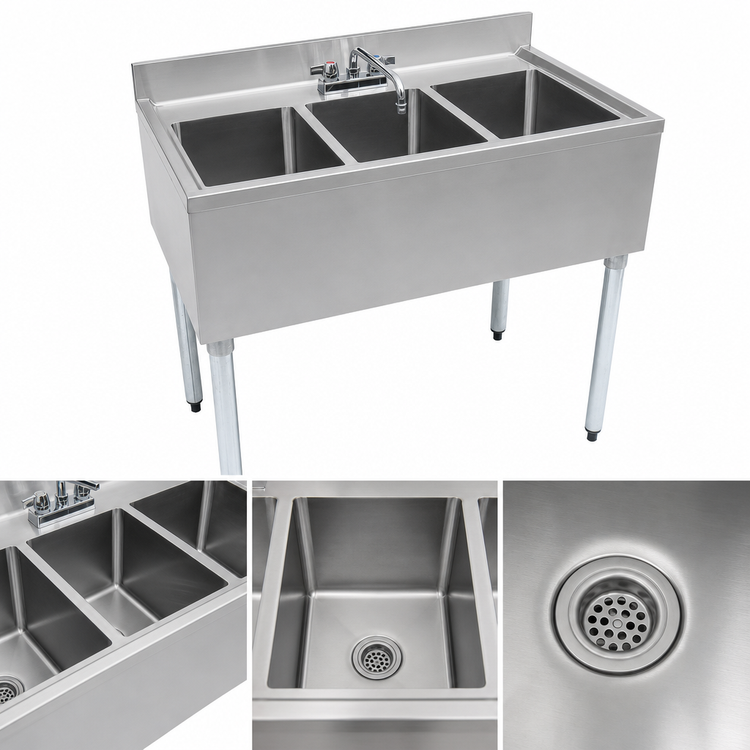 Product image #3 for BK Resources Slim-Line 3-Compartment Underbar Sink, 36 Inch, 304 Stainless Steel, with Faucet and Drains