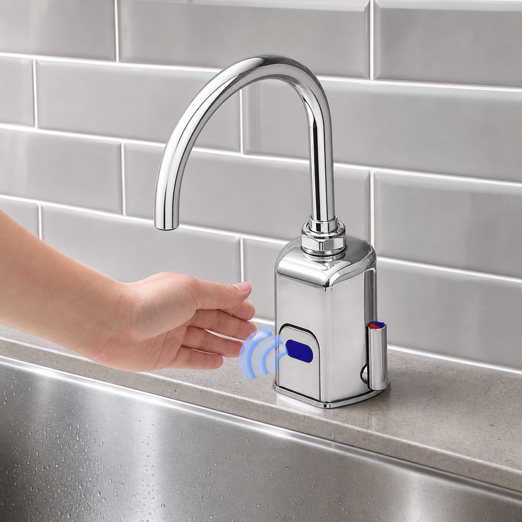 Product image #3 for ChekPoint Electronic Sensor Touchless Deck Mount Faucet with 5-11/16 Inch Swivel/Rigid Gooseneck, 1.5 GPM, Chrome Plated Brass