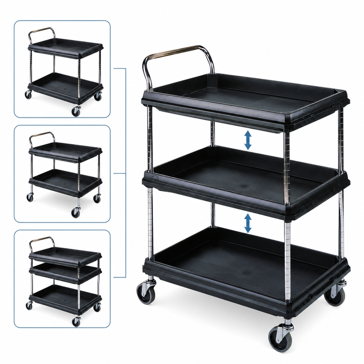 Product image #3 for Metro Deep Ledge 3-Shelf Polymer Utility Bus Cart with Open Base, Black