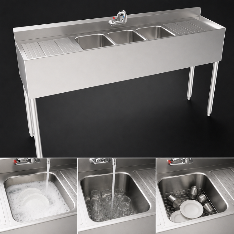 Product image #3 for Krowne Silver Series Three-Compartment Bar Sink with Left and Right Drainboards, 72 Inch Wide