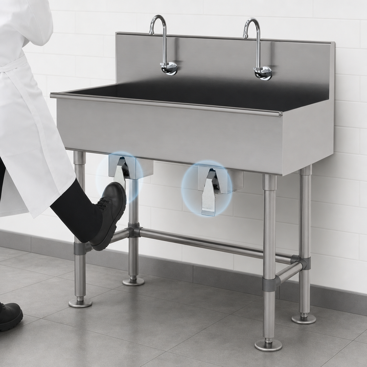 Product image #3 for Advance Tabco 40-Inch Wide 2-Station Knee-Operated Floor-Mounted Hand Wash Sink with Gooseneck Spouts