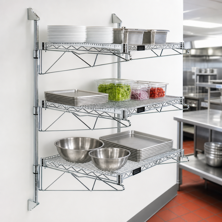 Product image #3 for Quantum Wall-Mounted Cantilever Wire Shelving Starter Unit with 3 Wire Shelves, 54-Inch Posts, Chrome Plated