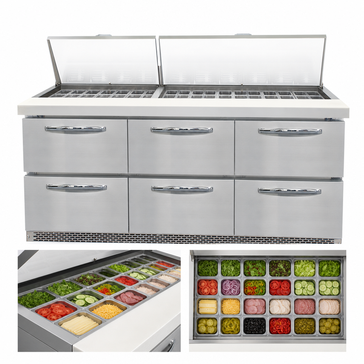 Product image #3 for Mighty Top SW72N30M-FB-D 72" Three-Section Refrigerated Sandwich Prep Table with 6 Drawers