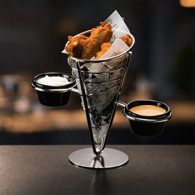 Product image #3 for Ironworks Stainless Steel Conical Serving Basket with 2 Black Ramekins