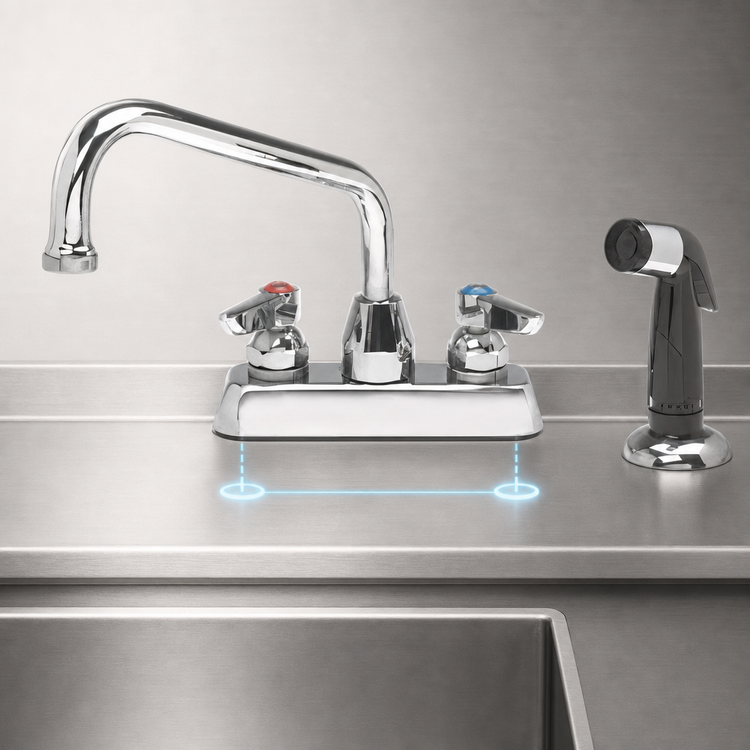 Product image #3 for Advance Tabco Deck Mounted Manual Faucet with Swing Spout and Melt Down Spray Nozzle, 4 Inch Centers