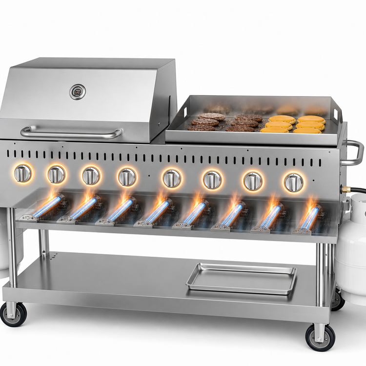 Product image #3 for KoolMore 8-Burner Mobile Commercial Outdoor Grill Charbroiler with 30-Inch Roll Dome Cover, Propane