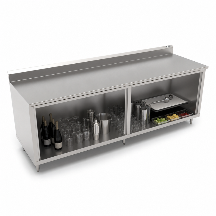 Product image #3 for John Boos 132 Inch x 24 Inch 14 Gauge Stainless Steel Underbar Work Table with Open Front Cabinet Base and 5 Inch Backsplash