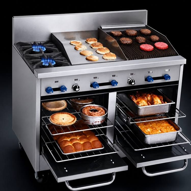 Product image #3 for Comstock-Castle 48-Inch Commercial Gas Range with 2 Open Burners, 18-Inch Griddle, 18-Inch Char-Broiler, and Dual Space-Saver Ovens