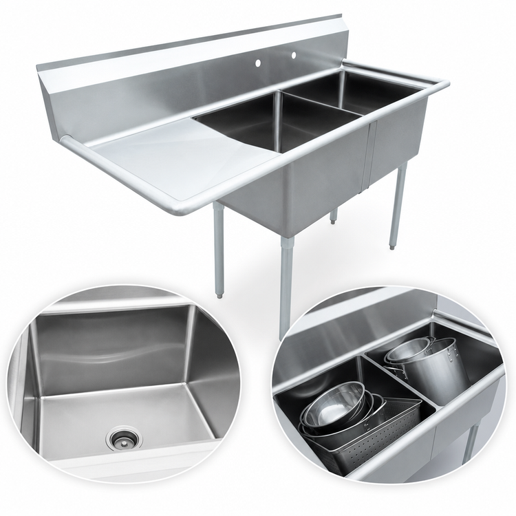 Product image #3 for Omcan USA 2-Compartment Pot Sink with Left-Hand Drainboard, 24 x 24 x 14 Inch Bowls