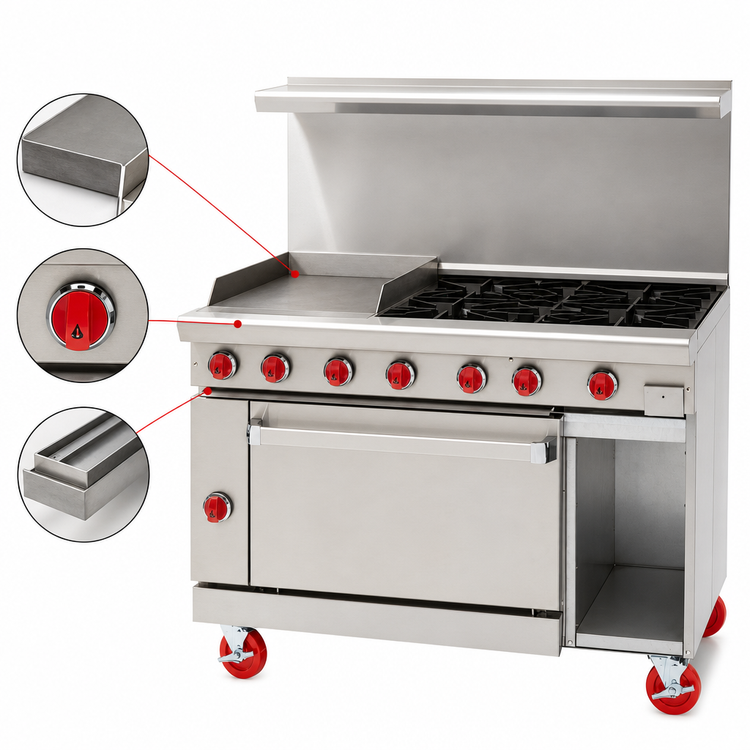 Product image #3 for American Range 48-Inch Gas Restaurant Range with 24-Inch Manual Griddle, 4 Open Burners, Standard Oven, and Storage Base
