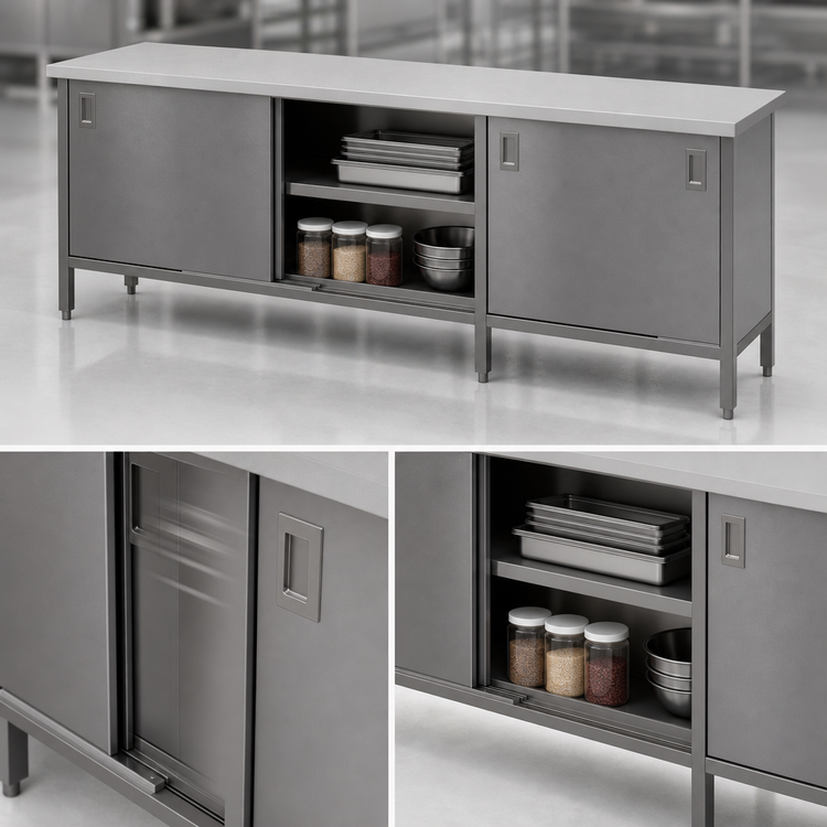 Product image #3 for John Boos Enclosed Stainless Steel Work Table Cabinet Base with Sliding Doors, 132W x 30D, 16-Gauge 300 Series Flat Top