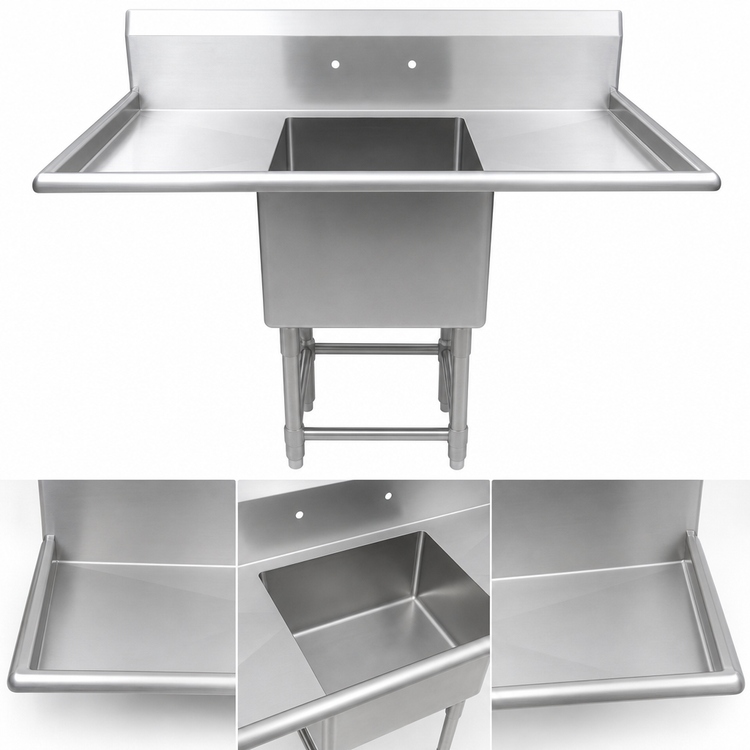 Product image #3 for John Boos Pro-Bowl Floor Model 1-Compartment Sink with Left and Right Drainboards, 69-1/4" W x 29-1/2" D, 16 Gauge Stainless Steel