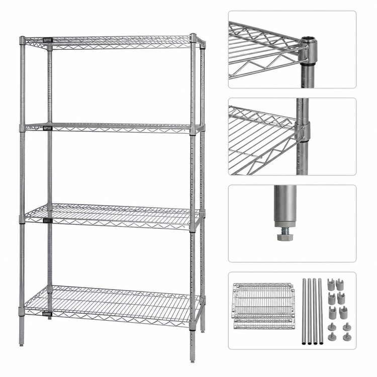 Product image #3 for Quantum Stationary Chrome Wire Shelving Starter Kit, 48"W x 21"D x 54"H, 4 Shelves