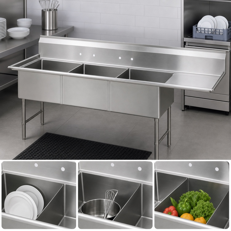 Product image #3 for BK Resources Freestanding Three-Compartment Stainless Steel Sink with Right Drainboard, 24 x 24 x 14-Inch Compartments, 10-Inch Backsplash