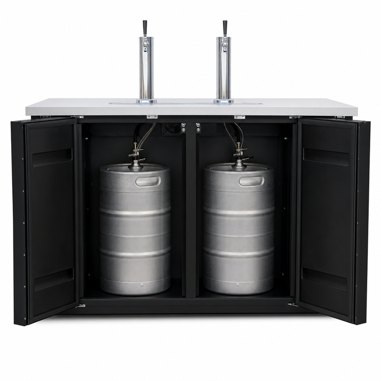 Product image #3 for Migali Competitor Series® Two-Section Direct Draw Beer Dispenser with 2 Single-Faucet Towers, Holds 2 Half-Barrel Kegs, 60.8 Inch Wide, 115V