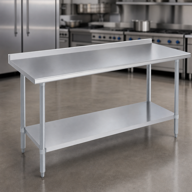 Product image #3 for Duke 314 Series 144-Inch Long x 24-Inch Deep 14-Gauge 300 Series Stainless Steel Work Table with 1-1/8-Inch Straight Riser and Galvanized Base