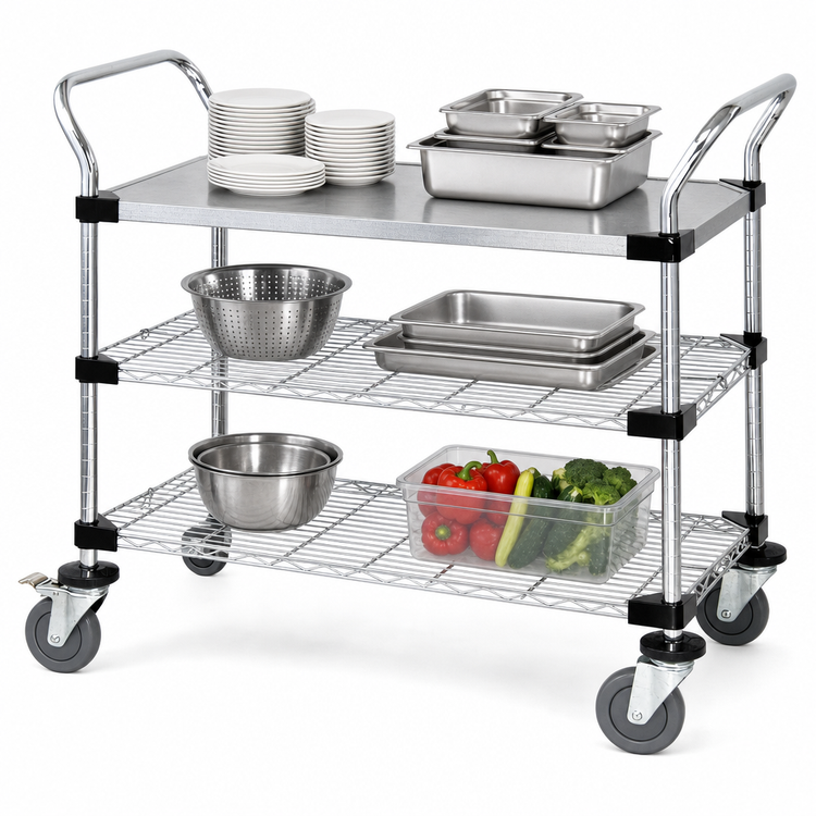 Product image #3 for Quantum 48-Inch x 18-Inch 3-Shelf Stainless Steel Utility Cart with 2 Wire Shelves and 1 Solid Shelf