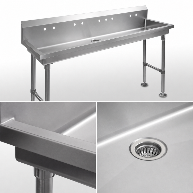 Product image #3 for John Boos Freestanding Multi-Station Stainless Steel Hand Wash Sink, 100-Inch, 5 Sets of 4-Inch On-Center Faucet Holes