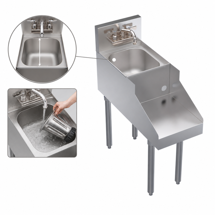 Product image #3 for Krowne Royal Series 12-Inch Freestanding Stainless Steel Underbar Blender Station with Dump Sink and Recessed Blender Shelf