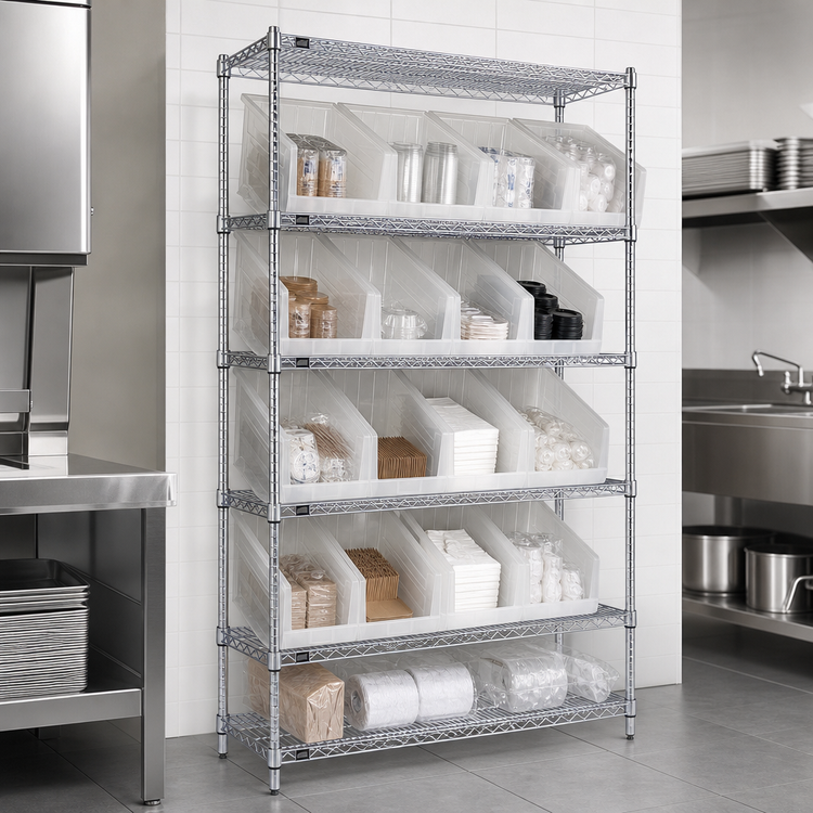 Product image #3 for Quantum Stationary Chrome-Plated Wire Shelving Bin System, 18" x 48" x 74", 6 Shelves, 16 Clear Bins