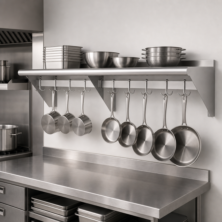 Wall-Mounted Overshelf With Pot Rack