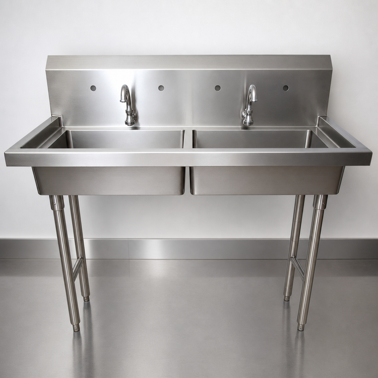 Product image #3 for Two-Station Freestanding Hand Wash Sink, 48 Inch Wide, 8 Inch Deep Bowls, Stainless Steel