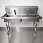Thumbnail image #3 for BK Resources MSHS-48F2 Two-Station Freestanding Hand Wash Sink, 48-Inch Wide, 8-Inch Deep Bowls, Stainless Steel, Basket Drain
