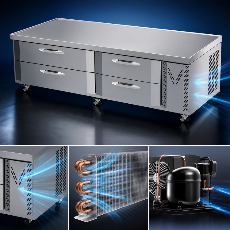 Product image #3 for Victory Refrigeration Two-Section 84-Inch Chef Base Freezer with 4 Drawers, Self-Contained Side-Mounted V-Core Refrigeration