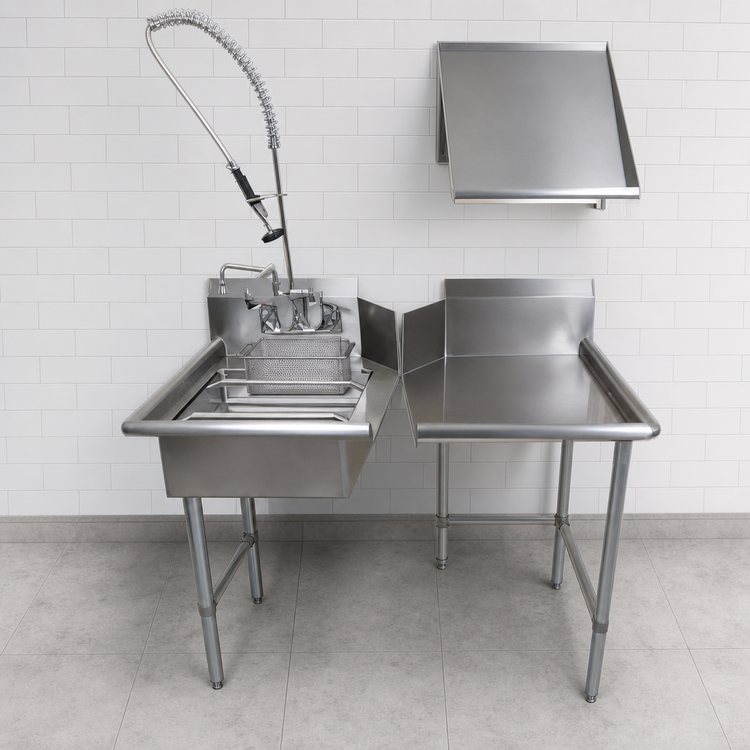 Product image #3 for BK Resources 48-Inch Left-to-Right Dish Table Kit with Clean and Soiled Tables, Slant Shelf, and Pre-Rinse Assembly