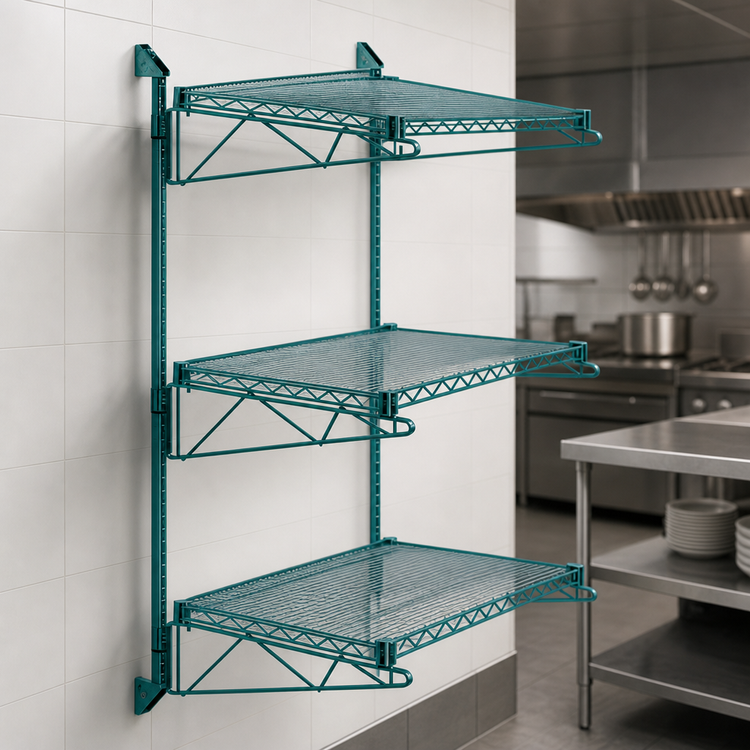 Product image #3 for Quantum Cantilever Wall-Mounted Starter Shelving Unit with 3 Wire Shelves, 54-Inch Posts, Green Epoxy Antimicrobial Finish