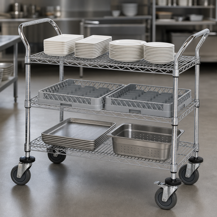 Product image #3 for Quantum 3-Shelf Chrome-Plated Open-Base Wire Utility Bus Cart with U-Handles, 60 x 18 x 37-1/2 Inches