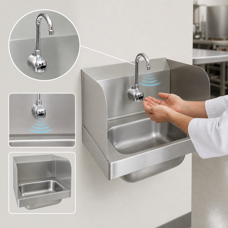 Product image #3 for BK Resources Wall-Mount Hand Sink with 1-Hole Splash Mount, Dual Side Splash, and Sensor Faucet, 14 x 10 x 5 Inch Bowl
