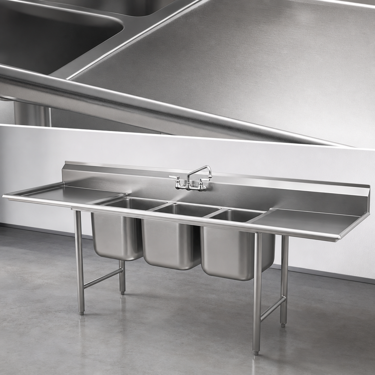 Product image #3 for Eagle Group 314 Series 90-Inch Three-Compartment Sink with Left and Right Drainboards