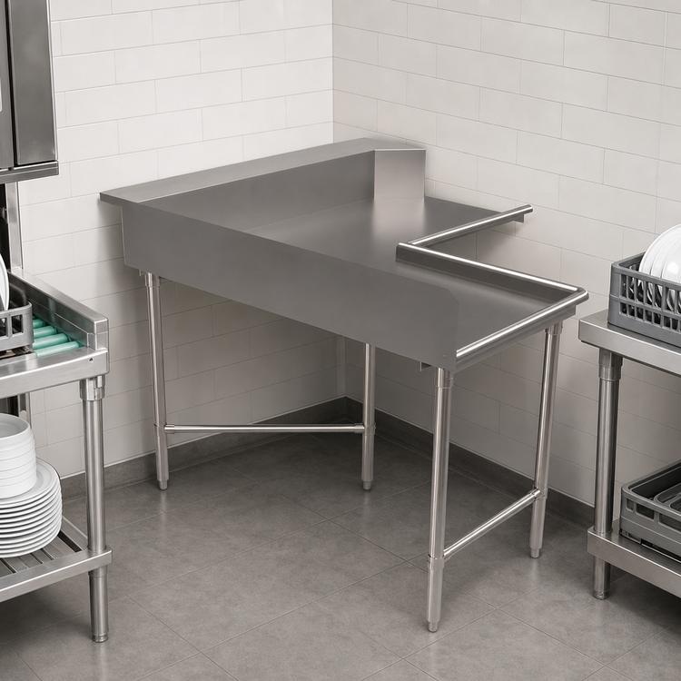 Product image #3 for BK Resources L-Shaped Corner Clean Dishtable, 60 x 60 Inches, Right-to-Left Operation, 10-Inch Backsplash, 16-Gauge 304 Stainless Steel