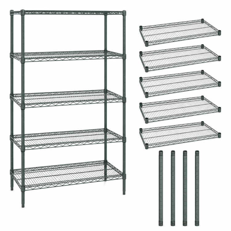 Product image #3 for Quantum 60-Inch Wide x 21-Inch Deep x 86-Inch High Green Epoxy Coated 5-Shelf Wire Shelving Starter Kit