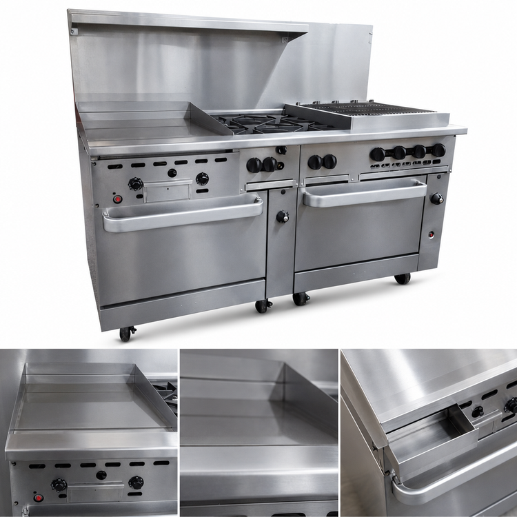 Product image #3 for Vulcan Endurance 72" Gas Restaurant Range with 24" Thermostatic Griddle, 4 Open Burners, 24" Charbroiler, and 2 Standard Ovens