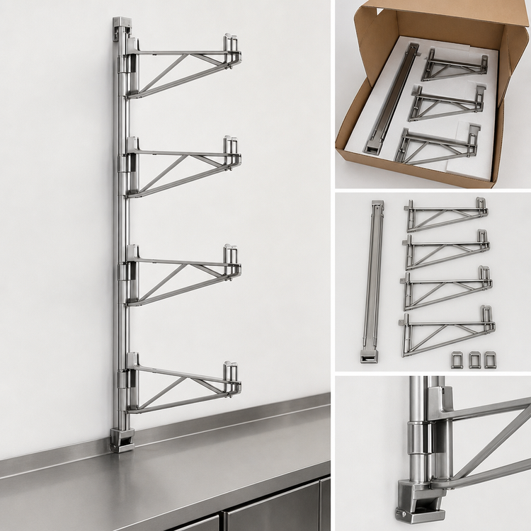 Product image #3 for Eagle Group Adjustable Post Wire Wall Mount Mid Unit for 24-Inch Deep Shelves, 4-Shelf, Chrome, 63-Inch Post