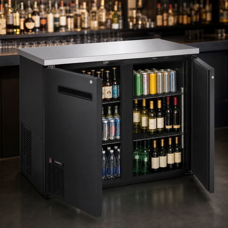 Product image #3 for Omcan USA 2-Section Reach-In Refrigerated Back Bar Cooler, 48.8-Inch Wide, Side-Mounted Self-Contained, Solid Doors, Stainless Steel Top