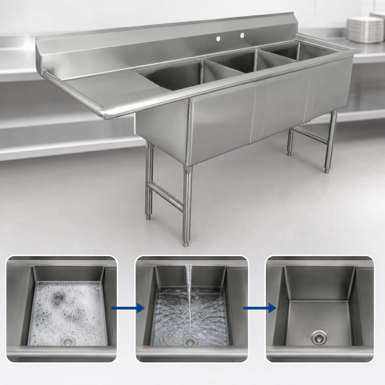 Product image #3 for Advance Tabco Special Value Series 3-Compartment Fabricated Sink with Left Drainboard, 16-Gauge 304 Stainless Steel, 15 x 15 x 14-Inch Bowls