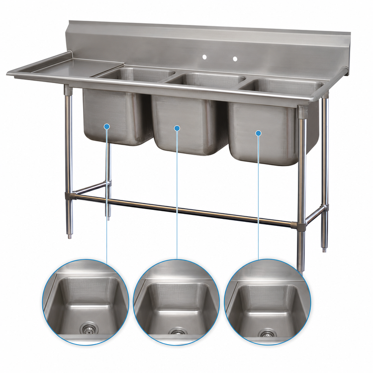 Product image #3 for Advance Tabco Regaline 3-Compartment Sink with Left-Hand Drainboard, 16 x 20 Bowls, 14 Gauge 304 Stainless Steel