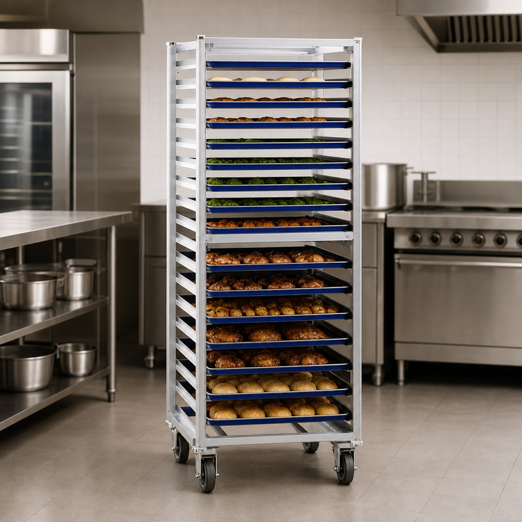 Product image #3 for Fixed Angle Aluminum Pan Rack for 18" x 26" Trays, 20 Capacity, End Loading, 5" Casters