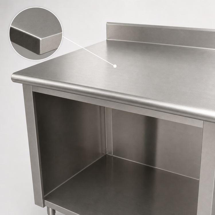 Product image #3 for Advance Tabco 48 Inch x 24 Inch 14 Gauge 304 Stainless Steel Work Table with 5 Inch Backsplash and Open Front Cabinet Base