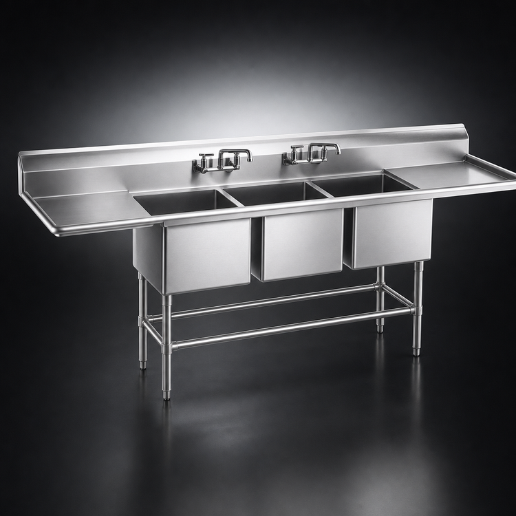 Product image #3 for Eagle Group Spec-Master FN Series 138" Three Compartment Stainless Steel Sink with Left & Right 36" Drainboards