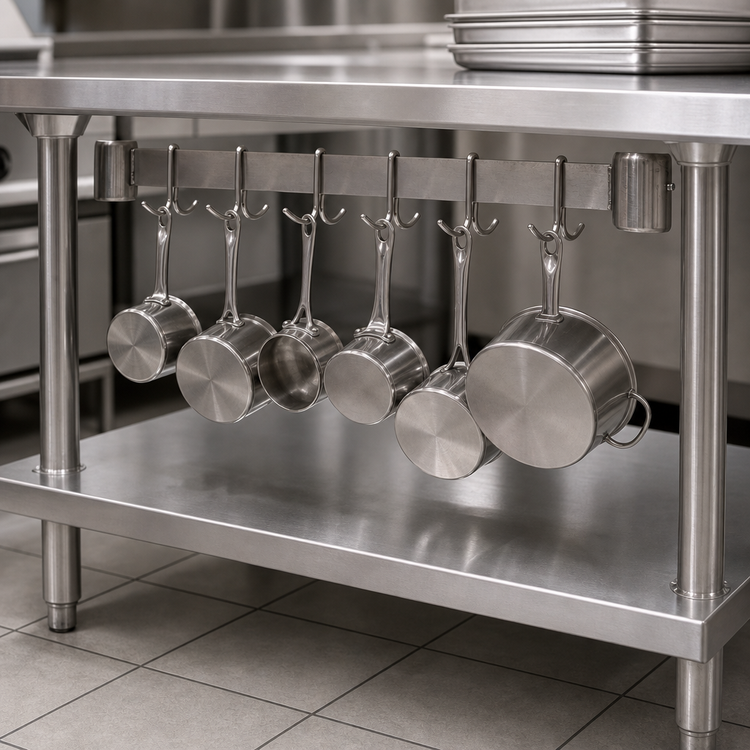 Product image #3 for Advance Tabco UB-30 Leg-Mounted Stainless Steel Pot Rack with 6 Double-Prong Hooks